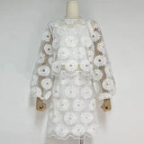 Embroidery Cut Out Two Piece Set Womens Round Neck Lantern Sleeve Tops High Waist Mini Skirts Solid Sets Female