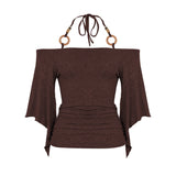 Shoulder Design Beads With Hanging Neck Horn Sleeve Tops The Folding Tight Waist Thin Knitting Temperament