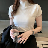 Knitted Turtleneck Blouse Women 2021 Summer Solid Slim Casual Clothing Women Short Sleeve Top Blusa Mujer De Moda 8622