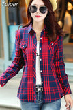 Casual Button Down Lapel Neck Plaids Checks Flannel Shirts Women Long Sleeve Tops Blouse Free