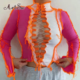 Ribbed Patchwork Hot Sexy Hollow Out T-Shirts For Women Turtleneck Long Sleeve Bodycon Clubwear Crop Tops