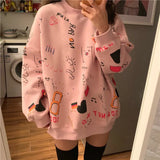 Neck Women Pullover Streetwear Spring Korean Fashion Cartoons Printing Loose Full Sleeve Tops for Girl Harajuku