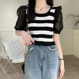 Bump Striped Short-Sleeved Knitted Shirt Women's Thin Summer Design Sense Of Small Unique Special Loose