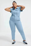 Down Collar One Piece Women Solid Short Sleeve Tight High Waist Overalls Slim Fit Casual Rompers 2023 Long Pants Jumpsuits-Outfit
