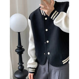 Trim Color Block Bomber Jacket Black Beige Autumn Casual Women Coat