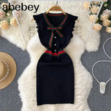 Women Knitted Pencil Dress V Neck Short Sleeve Elastic Slim Sheath Dresses Summer Korean Chic Streetwear Short