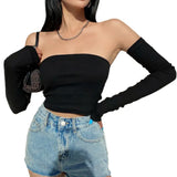 Crop Tops T-shirts, Solid Color Boat Neck Off Shoulder Sexy Tops Pullover with Long Sleeves for Summer Club Wear-Outfit