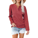 V Neck Solid Top T Shirt Women Button Long Sleeve Vintage Clothes Casual Loose Autumn Spring Tee Pullover