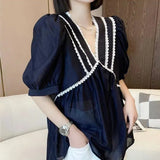 Lady Solid Color V-Neck Loose Chiffon Blouse Women's Clothing Short Sleeve Summer Lace Patchwork Casual All-match Shirt-Outfit