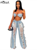 Summer Sexy 2 Two Piece Sets Outfits Women Sleeveless Backless Crop Top Hole Jeans Pants Suits Denim Blue Matching