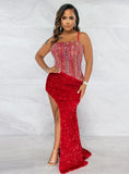 Sexy Sequins Straps Backless Irregular Slit Long