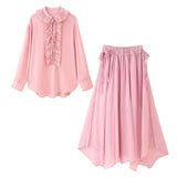 Women's Summer Folding V-Neck Folding Collar Trim With Chiffon Long-Sleeved Shirt Skirt