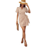 Plaid V-Neck Beletd-Bow
