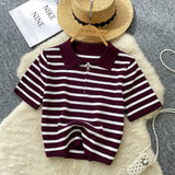 Knitted Women 2025 Summer South Korea Ins New Trendy Sleek Striped T-Shirt Women's