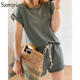 Summer Casual O Neck Outfits Women Two Piece Set Short Sleeve Crop Top Shirt And Loose Shorts Home Wear Women Sets