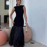 New Black Sleeveless Fashion Tweed Splicing Women's Knitted Fan Skirt