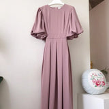 Solid Casual Chic Elegant Dress for Women High Waist O-Neck Straps Short Lantern Sleeves Pleated Midi Dresses Summer