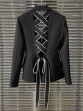Black Cut Out Bandage Bowknot Blazers For Women Notched Collar Long Sleeve Solid Jackets Female Clothing 2022