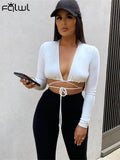 Streetwear Womens 2 Two Peice Sets Outfits 2022 Long Sleeve V Neck Crop Top Skinny Pants Suits Black White Matching