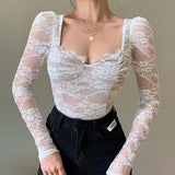 Spring Summer Women Bustier Lace Tshirts V Neck Long Sleeve Transparent Office Lady Top Sexy Elegant High Street