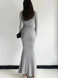 Sexy Square Collar Knitted Cotton Maxi Long Mermaid Dress Women Full Sleeve Stretch Basic Bodycon Fishtail Robe Vestido-Outfit