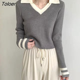 Korean Fashion V Neck Sweater Women 2023 Spring Slim Fit Cropped Pullovers Woman Mixed Color Long Sleeved Knitwears