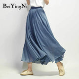 Linen Cotton Vintage Skirt Women Solid Beach Boho Pleated Maxi Skirts Summer Fashion Retro Elastic Waist Saia