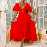 Short Sleeve Open Back Sexy V-Neck Party Long Dress African Plus Size
