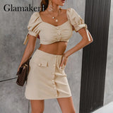Office ladies A-line two piece suits Puff sleeve top and pocket slim mini skirt Summer Square collar casual sets