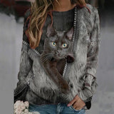Ladies 3D Cartoon Cat Print T Shirt Women O-Neck Long Sleeve Casual Loose Clothing Tee Female Tops 5XL