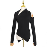 Black Sweater For Women Irregular Collar Long Sleeve One Off Shouder Hollow Out Knitted Sweaters Female 2022