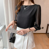 Summer Short Sleeve Chiffon Shirts Ladies Korean Chic Plaid Lantern Sleeve Loose Blouse Women Fashion Slash Neck Tops