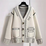 Painting Graffiti Sweater Women's New 2024 Autumn And Winter Black And White Loose Lazy Cardigan Coat Knitted Blouse-Outfit