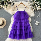 Women Retro Ruffles Pink/Green Strap Dress Mesh Spliced Wood ears Hem Cake Mini Party Dresses Robe Vestido
