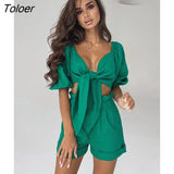Cotton Linen 2 Pieces Women's Suits V-Neck Cross Lace Up Lantern Sleeve Crop Top Summer Outifit Elastic Waist Shorts