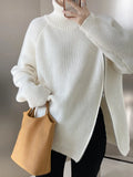 Women's Turtleneck Zipper Design Oversized Sweater Gray White Black High Neck Autumn Winter