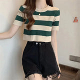 Classic Bump Striped Short-Sleeved Ice Silk Knitted Women's Summer T-Shirt Short Repair Small Shirt