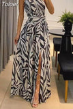 Summer New Women Sexy Backless Long Dress One Shoulder Sleeveless Print Slit Beach Maxi Vestidos Prom Evening