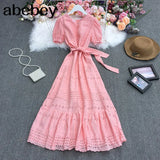 New Summer Women Temperament All-match V-neck puff sleeve Dress waist slim hollow out solid