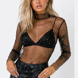 feminina Women Mesh Top Sexy Sheer T Shirt Transparent Tops Turtleneck See Through Clothes Summer Female Costume New