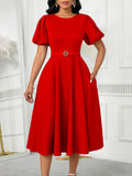 Women's 2025 Summer Fashion Bubble Sleeve Elegant High- Waist Solid Colored Round Dress African