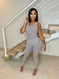 Streetwear Womens 2 Two Peice Sets Outfits Sleeveless Ribbed Tank Top Skinny Pants Suits Black Gray Matching Sets