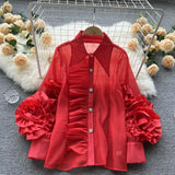 Ruffle Trim Shirt For Women Lapel Lantern Sleeve Loose Solid Button Through Blouse Female Fashion