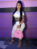 Summer Streetwear 2 Two piece Set Outfits Tracksuit Women Short Sleeve Crop Top Skinny White Pants Suit Matching Sets