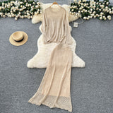 Wind High-End Sleek Crochet Knitting Set Of Women's Round Collar Long Sleeve Blouse High-Waisted Hip