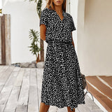 Women Dresses Summer Casual Boho Dot Print Shirt Dress Holiday Beach Short Sleeved Female High Waist Midi