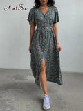 Summer Sweat Floral Dress for Women Fashion Outfits Short Sleeve Maxi Dresses Beachwear Holiday