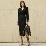 Sexy V-neck Lace Up Women Sweater Dress Elegant Side Split Autumn Winter Dress Female Sheath Knit Jumpers Vestidos