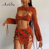 Knitting 3 Piece Set Women Skirt Print Camisole Long Sleeve Crop Top Drawstring Shawl Outfit Y2K Autumn Mini Dress