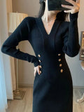 Women Winter Sheath Elegant Midi Knitted Dress Sexy V-neck Long Sleeve Wool Blend Warm Design Knitting Clothing Winter 2023